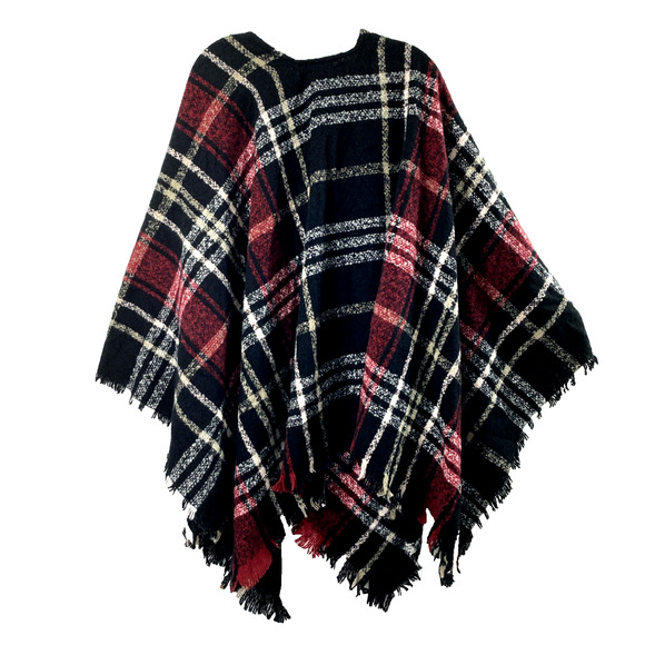 Womens Poncho Wrap One Size Black Burgundy Plaid Boho Fringe Soft Feel Fall - Picture 2 of 5